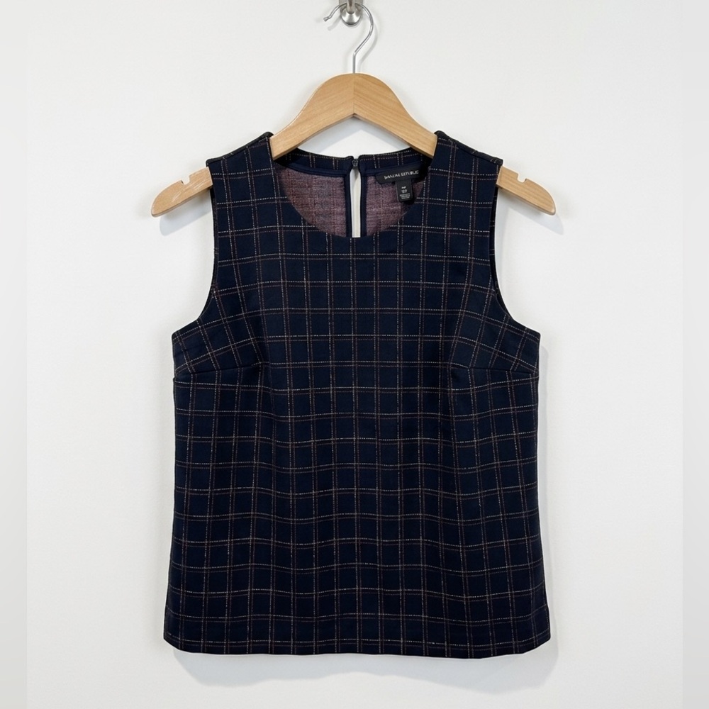 Banana Republic Navy And Red Plaid Sleeveless High Neck Boxy Shell Top NWOT